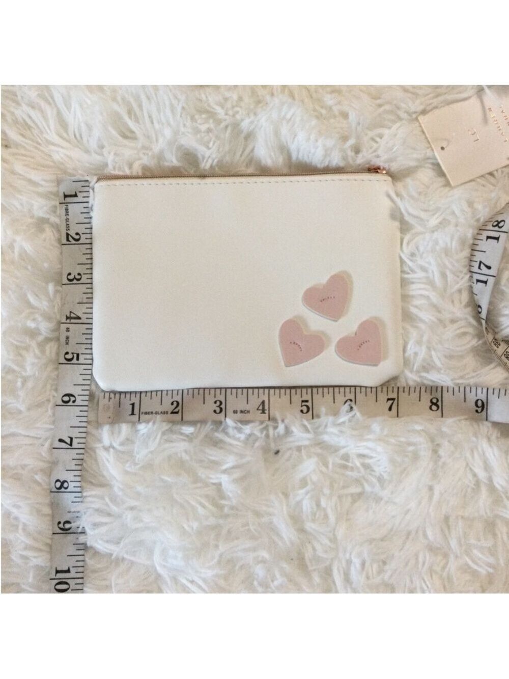 LC Lauren Conrad heart embellished cosmetic bag cream with pink hearts - Picture 4 of 9